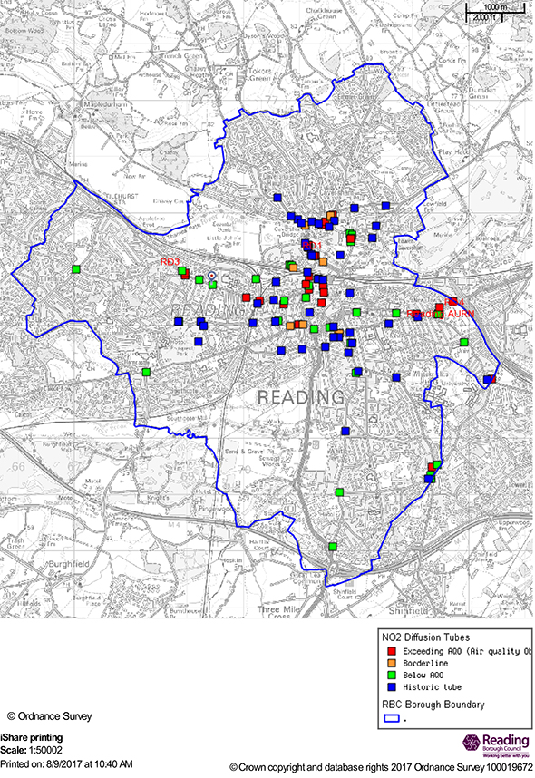 Map showing the locations of diffusion tube monitoring in Reading