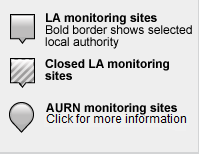 Markers legend: square markers show LA sites, round markers show AURN